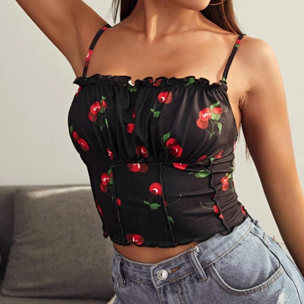 SHEIN Cherry Print Ruched Bust Seam Front Cami Top